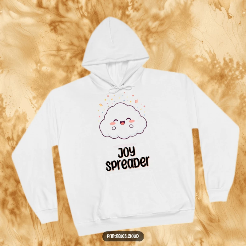 Funny Hoodie: A joyful cloud character happily showers light particles like confetti, a warm and funny apparel choice.