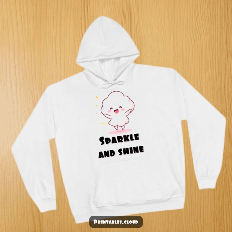 Funny Hoodie: A delighted cloud character dances gracefully, creating a swirling vortex of light, a whimsical and funny apparel piece.