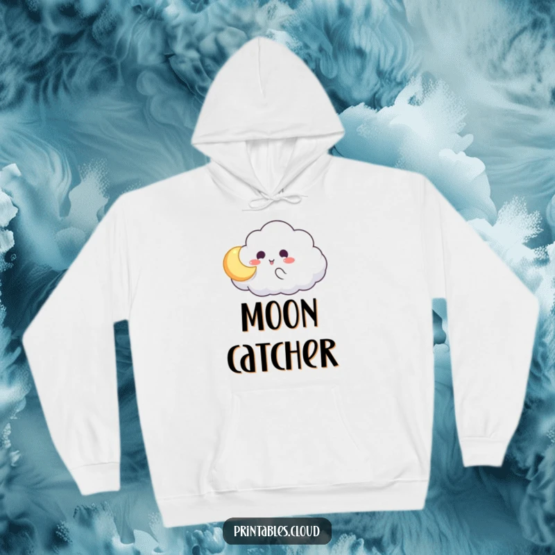 Funny hoodie depicting a cloud character playfully catching a glowing moon, cozy and whimsical nighttime scene, ideal humorous gift.
