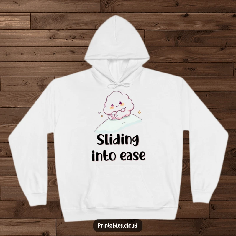 Funny Hoodie: A cheerful cloud character joyfully sliding down a gentle, misty slope, radiating pure bliss.