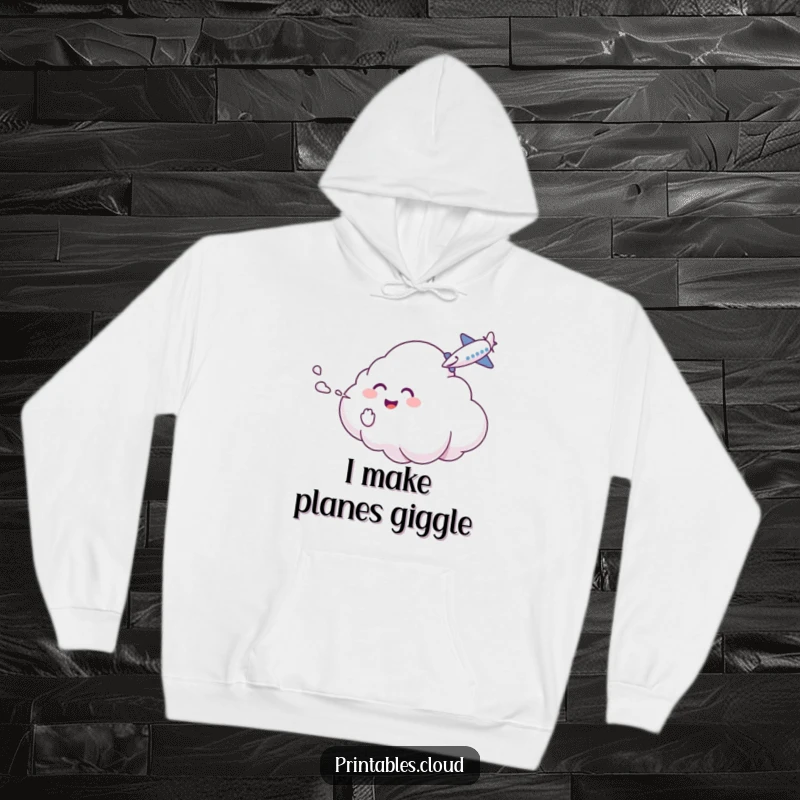 Funny Hoodie: A happy cloud tickles an airplane with mist, providing cozy humor and a touch of whimsy.