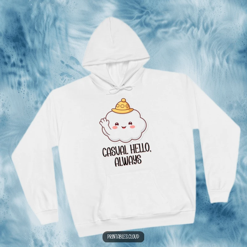 Funny hoodie featuring a sweet cloud character adorned with a small hat, offering a friendly and welcoming wave.