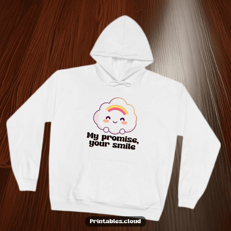 Funny hoodie featuring a smiling cloud character offering a gentle, glowing rainbow, providing comfort and a cheerful, positive vibe.