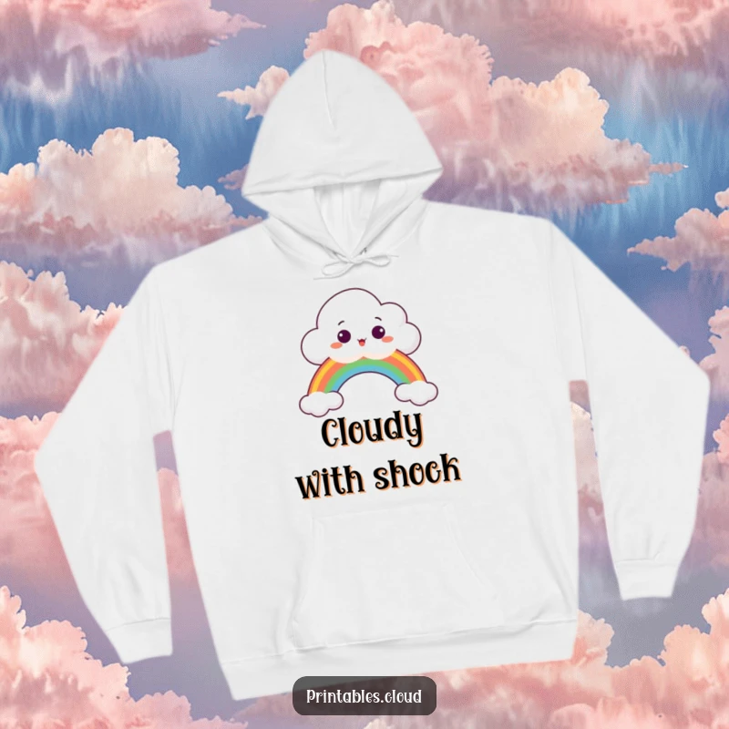 Funny Hoodie featuring a surprised cloud peeking over a bright rainbow, offering cozy and whimsical charm.
