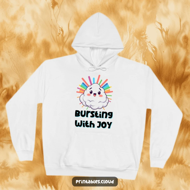 Funny hoodie showing a surprised cloud character bursting with a vibrant rainbow, perfect for cozy and colorful comfort.
