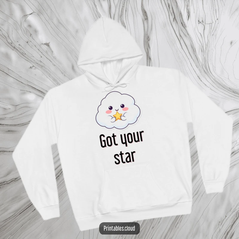 Funny hoodie featuring a smiling cloud character offering a small, twinkling star, promoting comfort and gentle magic.