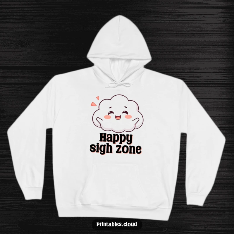 Funny hoodie depicting a deeply content cloud character in a joyful pose, exhaling a happy sigh, radiating peacefulness.