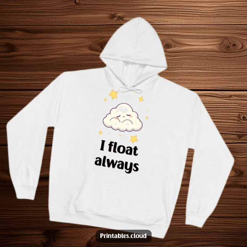 Funny hoodie print of a sleepy cloud character peacefully drifting across a starry night sky, a humorous and comforting design.