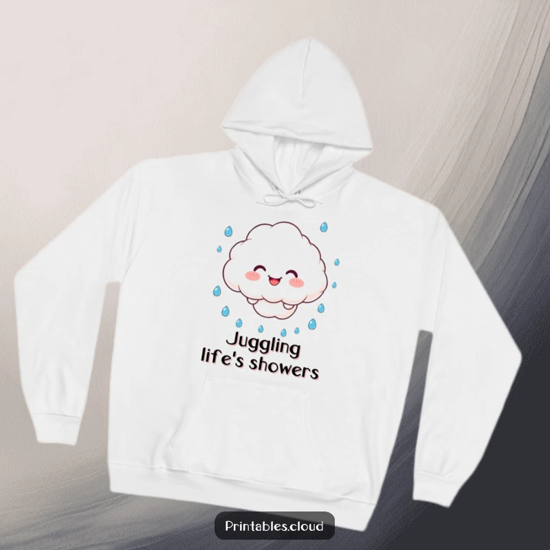 Funny Hoodie: A happy cloud character juggles raindrops with a smile, offering cozy and cheerful weather humor.