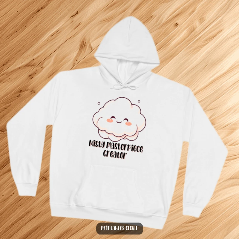 Funny giggling cloud character, crafting misty shapes, on a warm hoodie, for humorous, cozy creative moments.