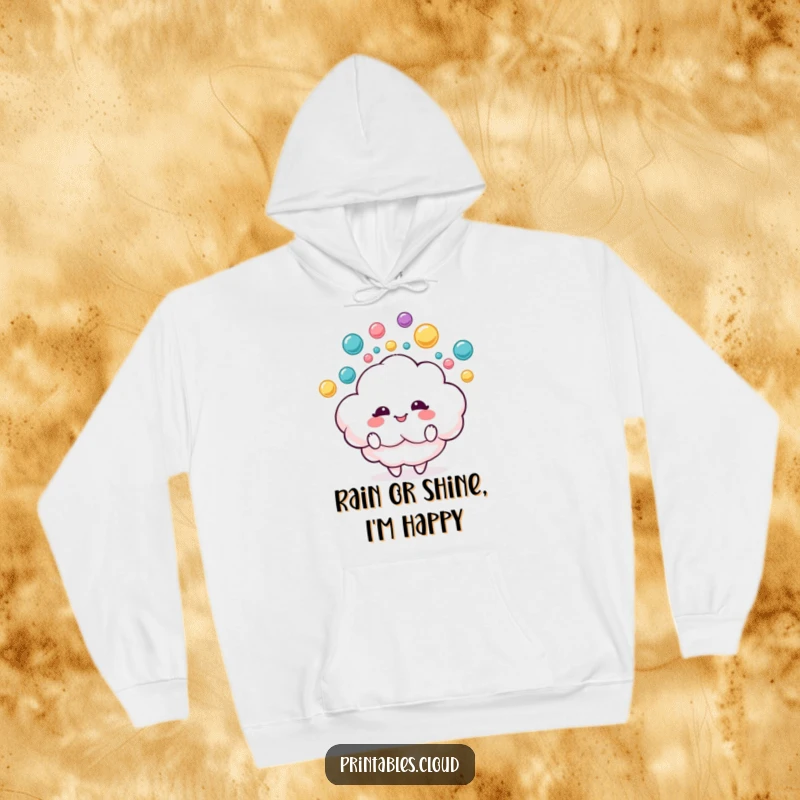 Funny hoodie depicting a delighted fluffy cloud character juggling colorful raindrops, offering warmth and whimsical amusement.