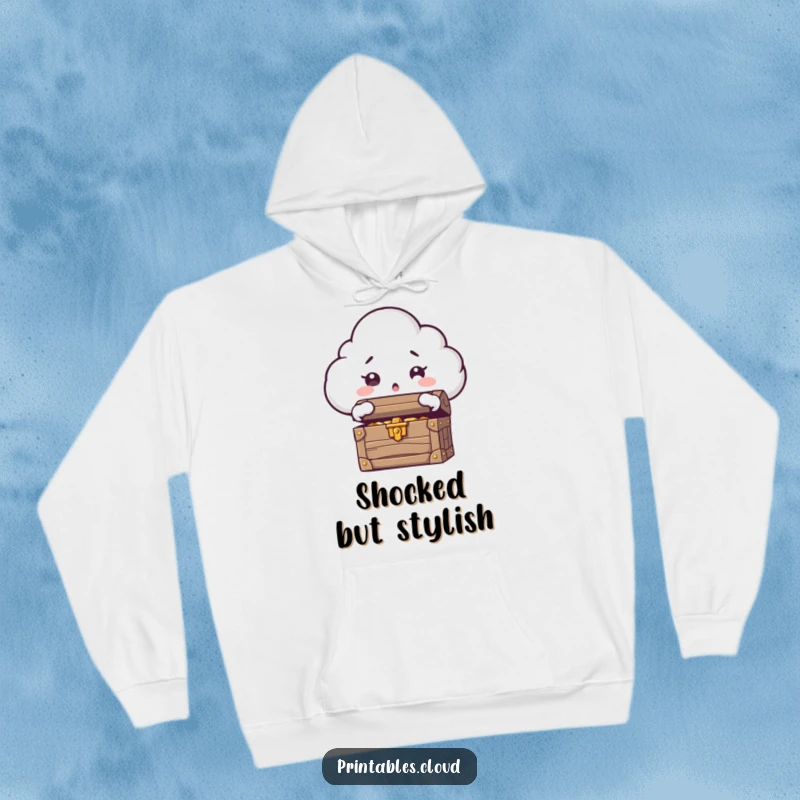 Funny hoodie featuring a cloud character with wide eyes, astonished by an open treasure chest brimming with gold.
