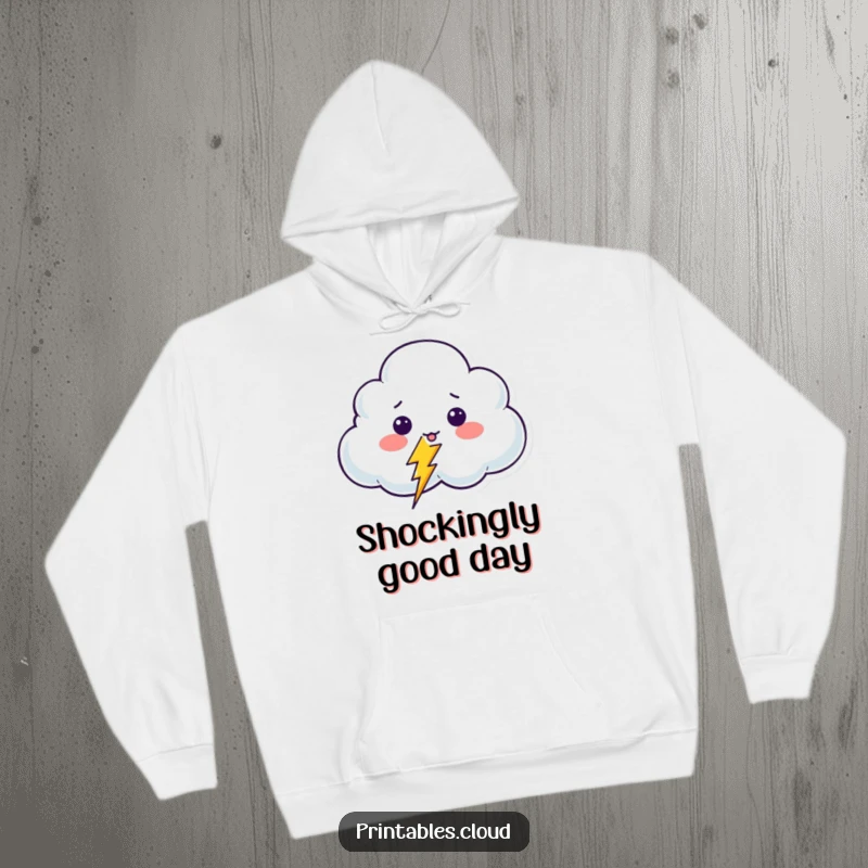 Funny Surprised Cloud Hoodie featuring a shocked cloud character being playfully startled by a giggling lightning bolt, offering cozy humor.