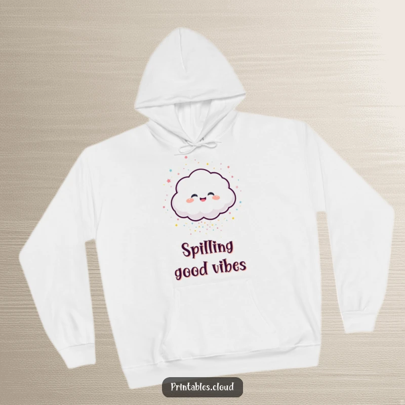 Funny hoodie featuring a gleeful cloud character scattering shimmering confetti, perfect for cozy celebrations.