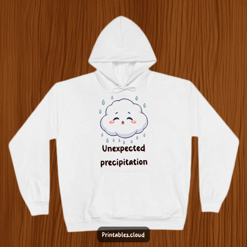 Funny surprised cloud hoodie, caught blinking in the rain, offering a cozy and humorous wearable depiction of weather surprise.