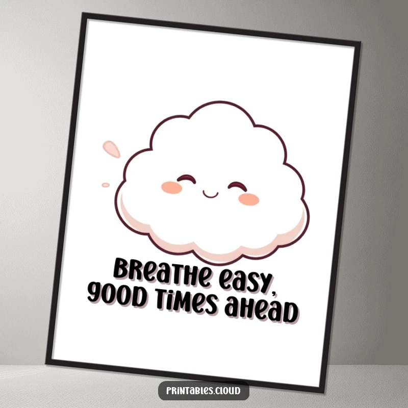 Funny Free Printable Wall Art: A giggling cloud character happily blows a gentle, fluffy breeze, spreading good vibes.