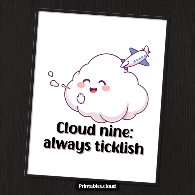Funny Free Printable Wall Art: A happy cloud playfully tickles a tiny airplane with a misty stream.