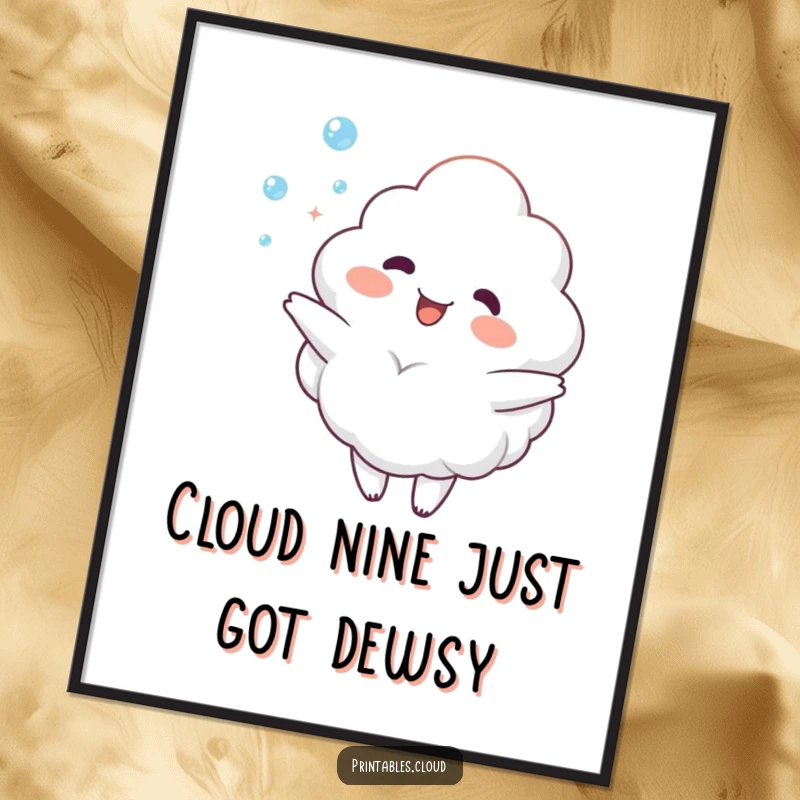 Funny Free Printable Wall Art depicting a happy cloud character joyfully juggling many tiny, twinkling dewdrops with a radiant smile.