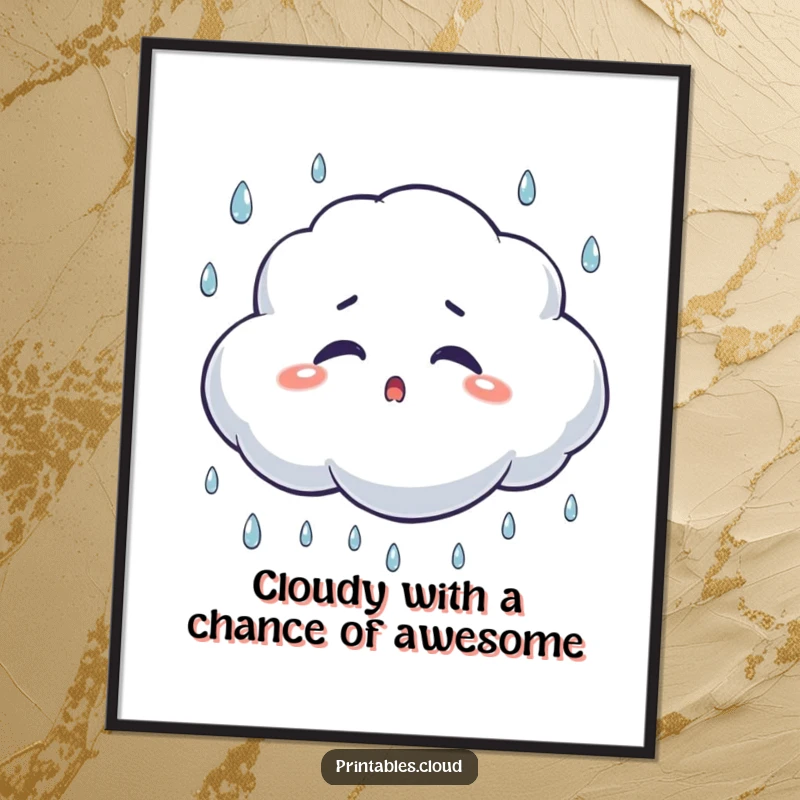 Funny Free Printable Wall Art: A surprised cloud character blinks with wide eyes as raindrops fall around it.