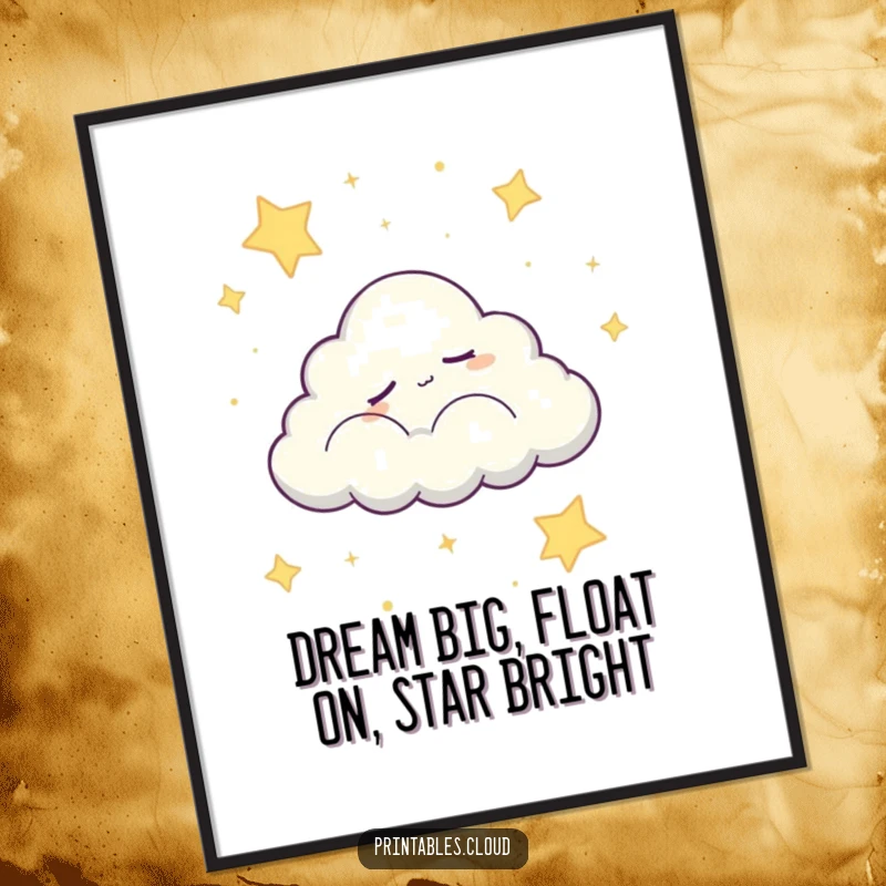 Sweet Free Printable Wall Art: Sleepy cloud character peacefully drifting across a starry night sky, serene decor