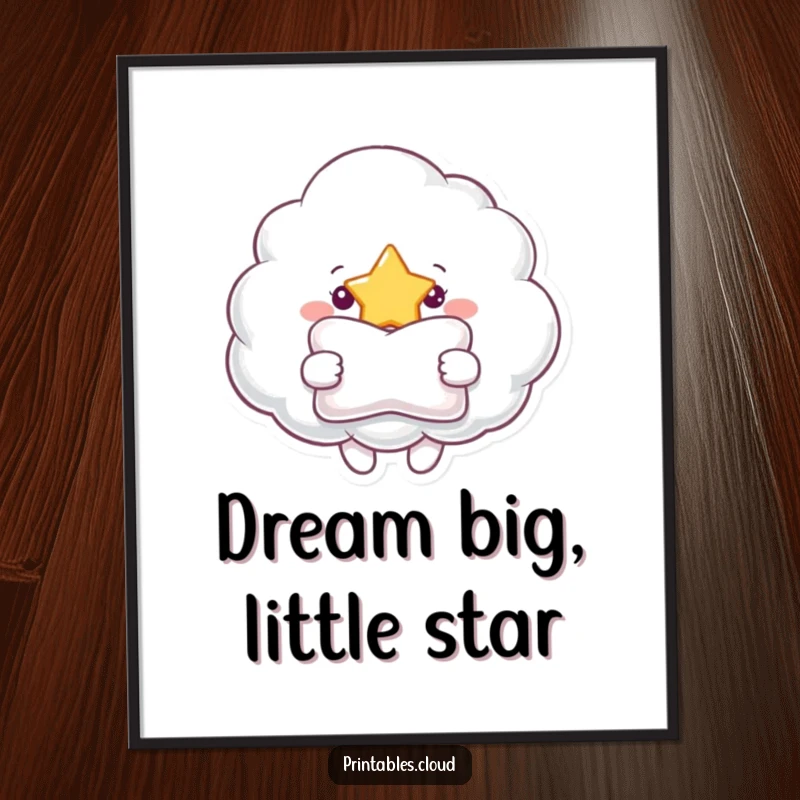 Funny Free Printable Wall Art: A sweet cloud character offering a fluffy pillow to a celestial star.