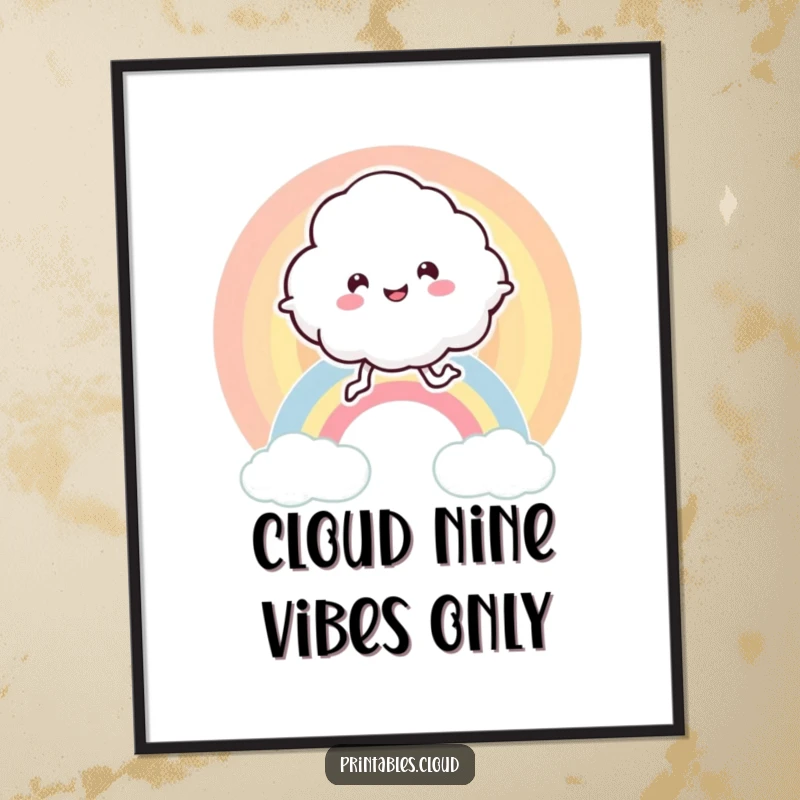 Funny Free Printable Wall Art: A smiling cloud with legs joyfully bounces high on a colorful rainbow.