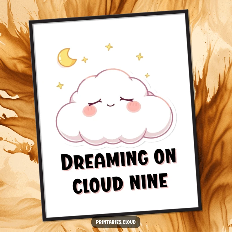 Funny Free Printable Wall Art of a cloud character peacefully dreaming and snoozing soundly with a sweet, gentle smile.