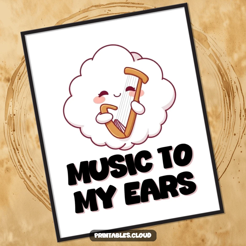 Funny free printable wall art capturing a cheerful cloud character gracefully floating and playing a sweet-sounding harp.