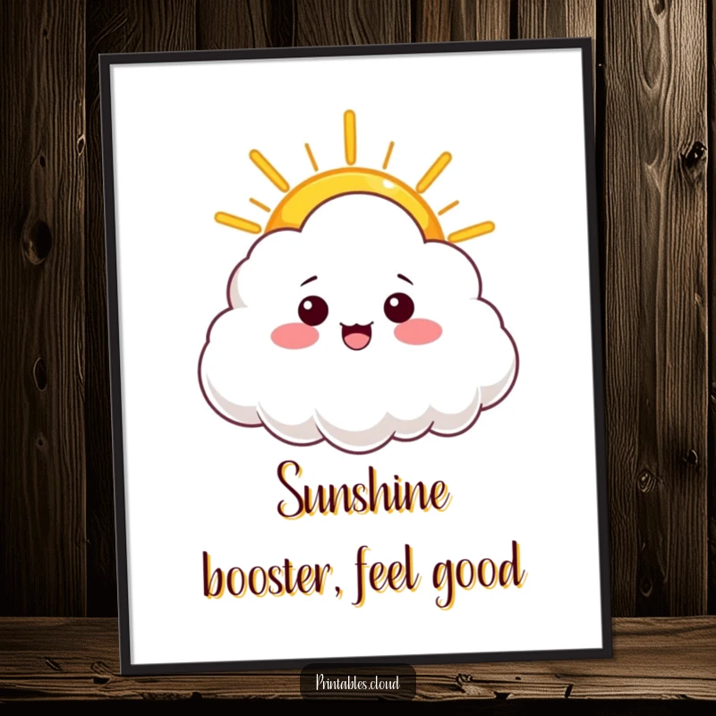 Funny Free Printable Wall Art of a cloud character radiating warmth while offering a bright, cheerful ray of sunshine.