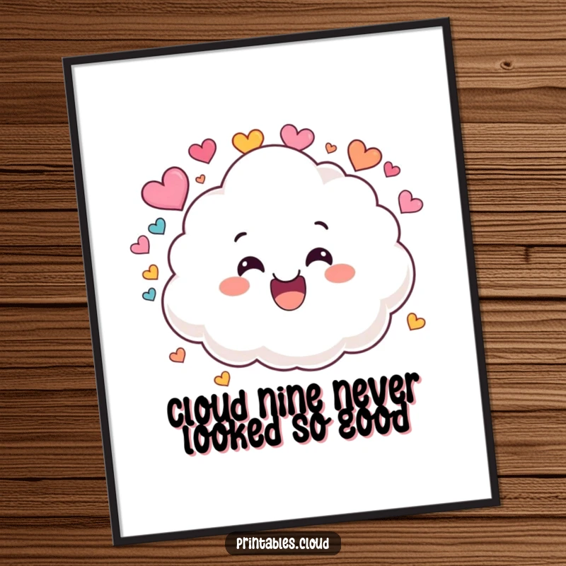 Funny Free Printable Wall Art featuring a smiling cloud character playfully showering the viewer with colorful heart-shaped confetti.