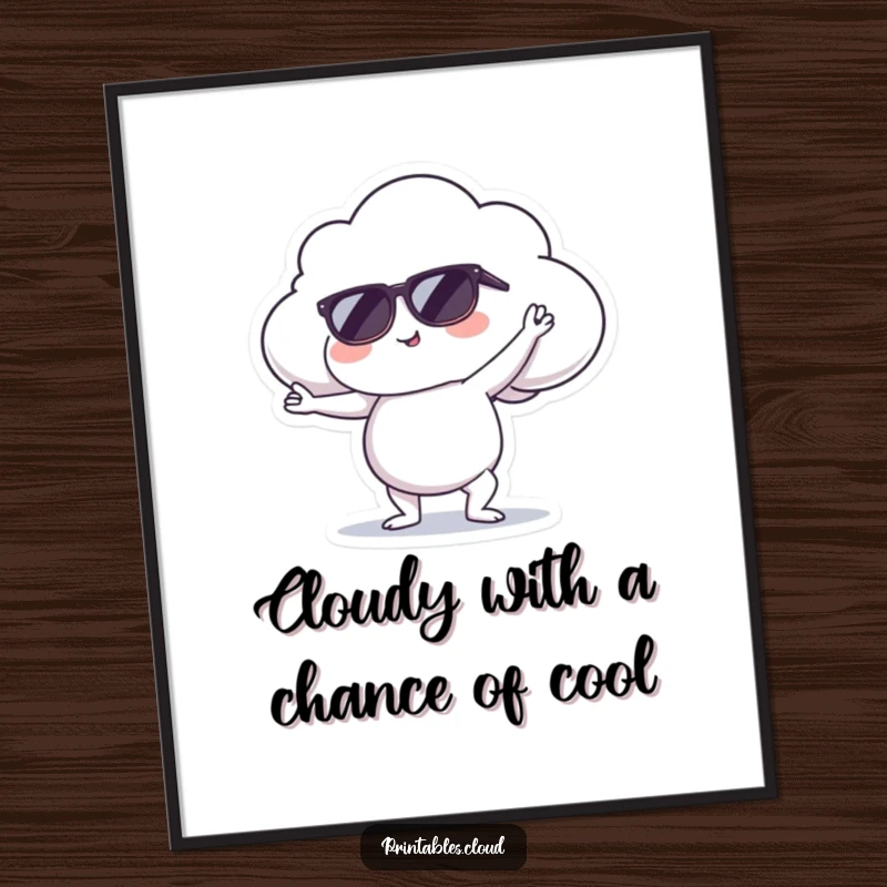 Funny Free Printable Wall Art: A cloud character in sunglasses doing a fantastic yoga pose, bringing cool and zen energy to your walls.