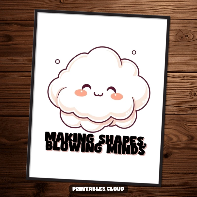 Funny Free Printable Wall Art: Giggling cloud character creating mist shapes, artistic, cheerful, downloadable decor.
