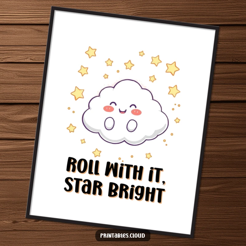 Funny Free Printable Wall Art: A happy cloud character giggles while rolling through a magical, star-filled sky, bringing whimsical charm indoors.