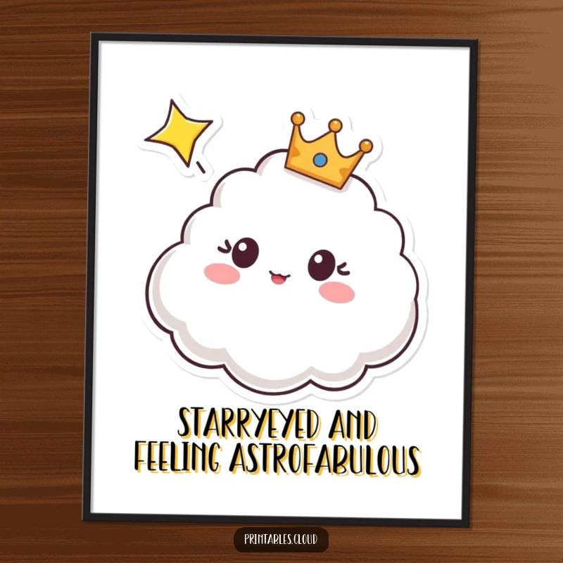 Funny Free Printable Wall Art: A cloud wearing a crown looks shocked at a shooting star, whimsical decor.