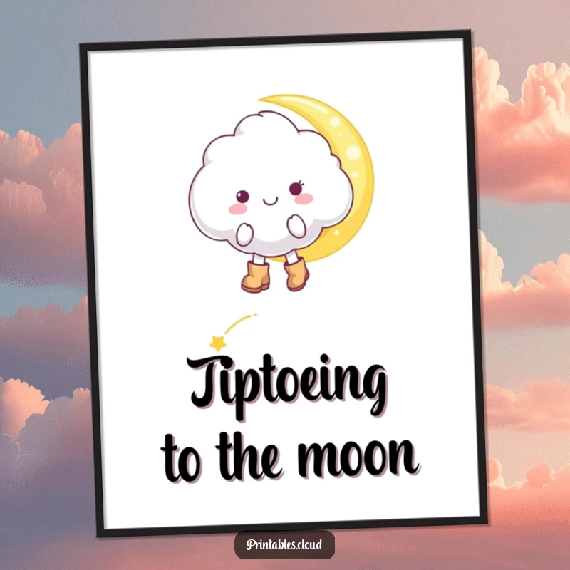 Funny Free Printable Wall Art: Cheerful cloud character in boots tiptoeing across a moonbeam, whimsical, downloadable decor.
