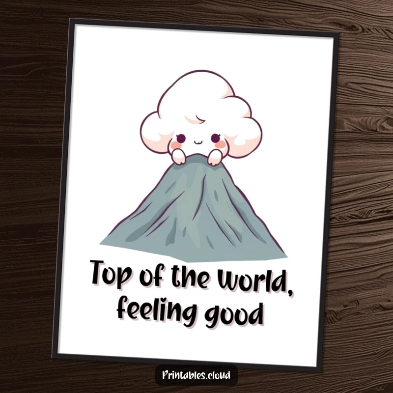 Funny Free Printable Wall Art: A curious cloud character peeks adventurously over a majestic mountaintop.