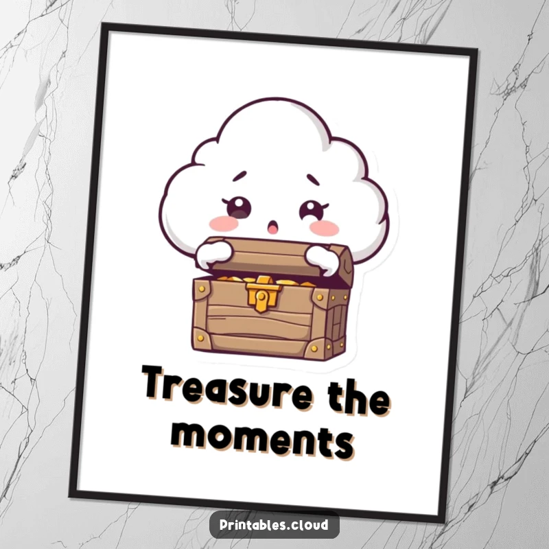 Funny Free Printable Wall Art: A cloud character with wide eyes stares in surprise as a treasure chest opens before it.