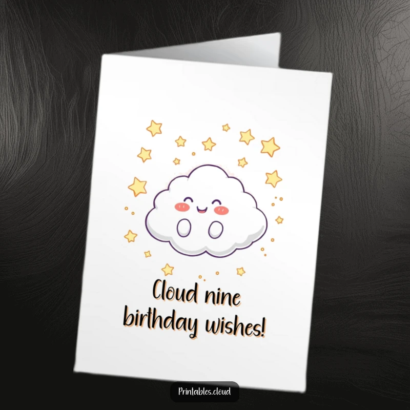 Funny Free Printable Birthday Card: A happy cloud character giggles joyfully as it rolls through a vibrant, star-filled night sky.