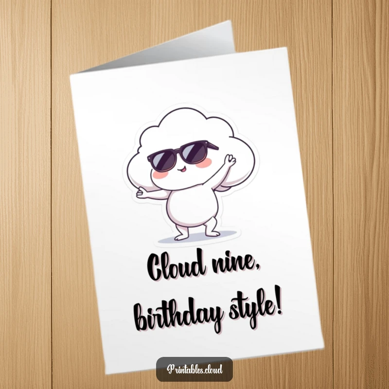 Funny Free Printable Birthday Card: A cloud character in sunglasses striking a peaceful yoga pose, radiating cool birthday wishes.