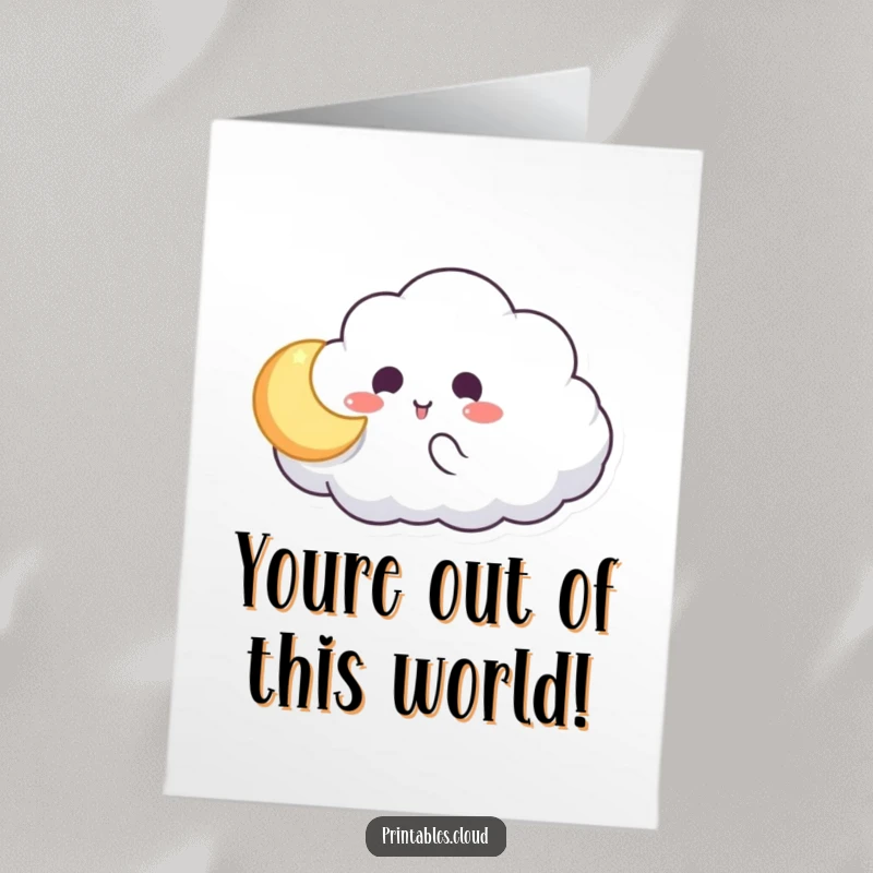 Funny Free Printable Birthday Card: Cloud character playfully catches a glowing moon, showcasing birthday fun and downloadable humor.
