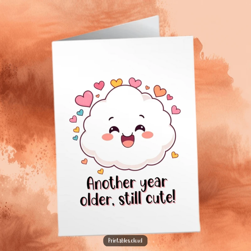 Funny Free Printable Birthday Card featuring a grinning cloud character joyfully showering colorful hearts, perfect for a happy occasion.