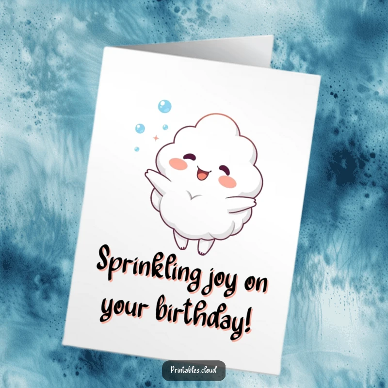 Funny Free Printable Birthday Card featuring a delighted cloud character joyfully juggling tiny, twinkling dewdrops with a happy expression.