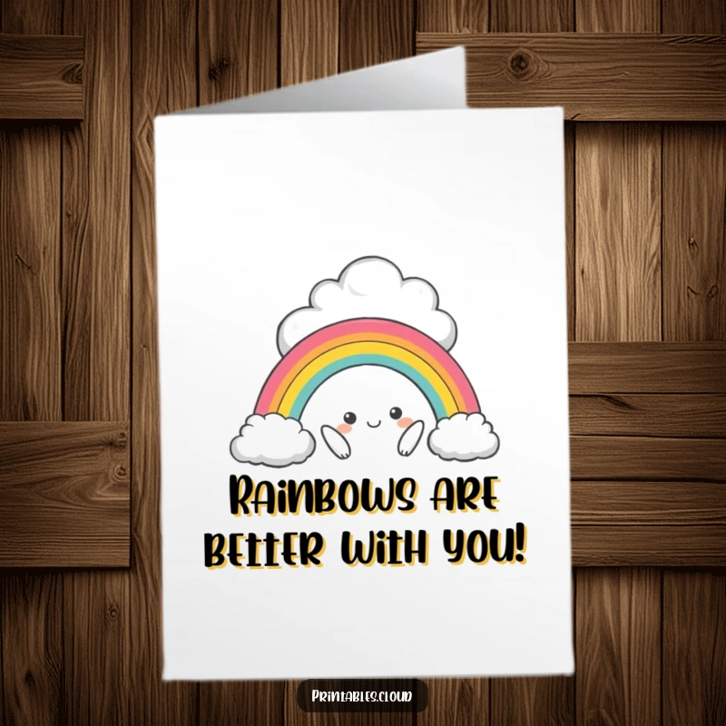 Funny Free Printable Birthday Card: Mischievous cloud character with a tiny, cheeky rainbow arch, ready to celebrate birthdays.
