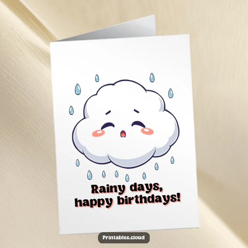 Funny Free Printable Birthday Card: A shocked cloud character blinks amidst falling raindrops, conveying unexpected birthday wishes.