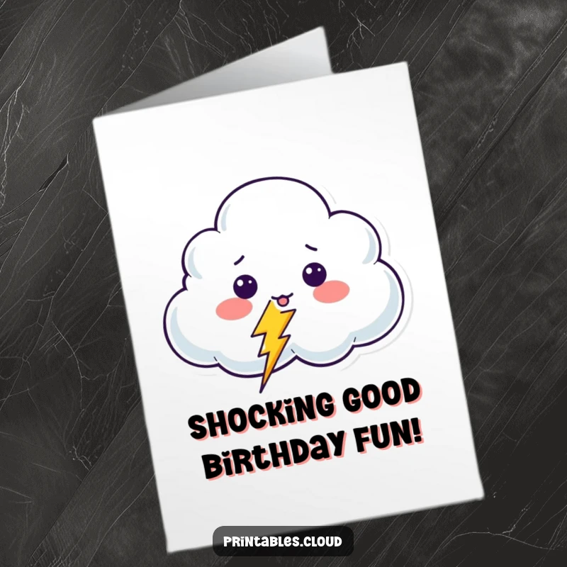 Funny Free Printable Birthday Card: Cloud character looking shocked as a tiny, giggling lightning bolt zaps it.