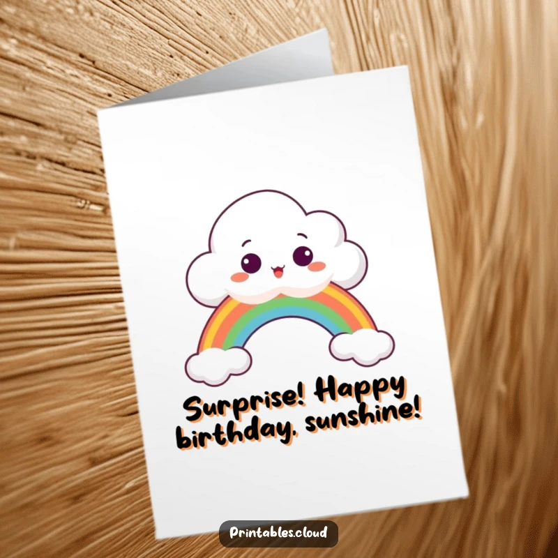 Funny Free Printable Birthday Card: A surprised cloud peeking over a vibrant rainbow, eyes wide with birthday excitement.