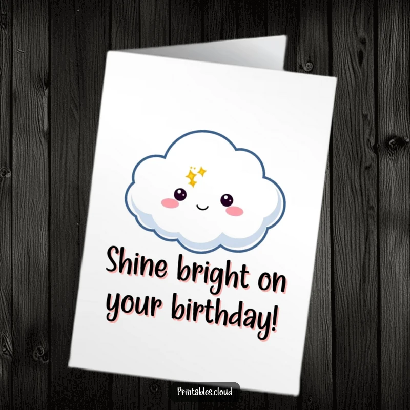 Funny Free Printable Birthday Card: A cheerful cloud character with a speech bubble containing a bright twinkle, sending wishes.