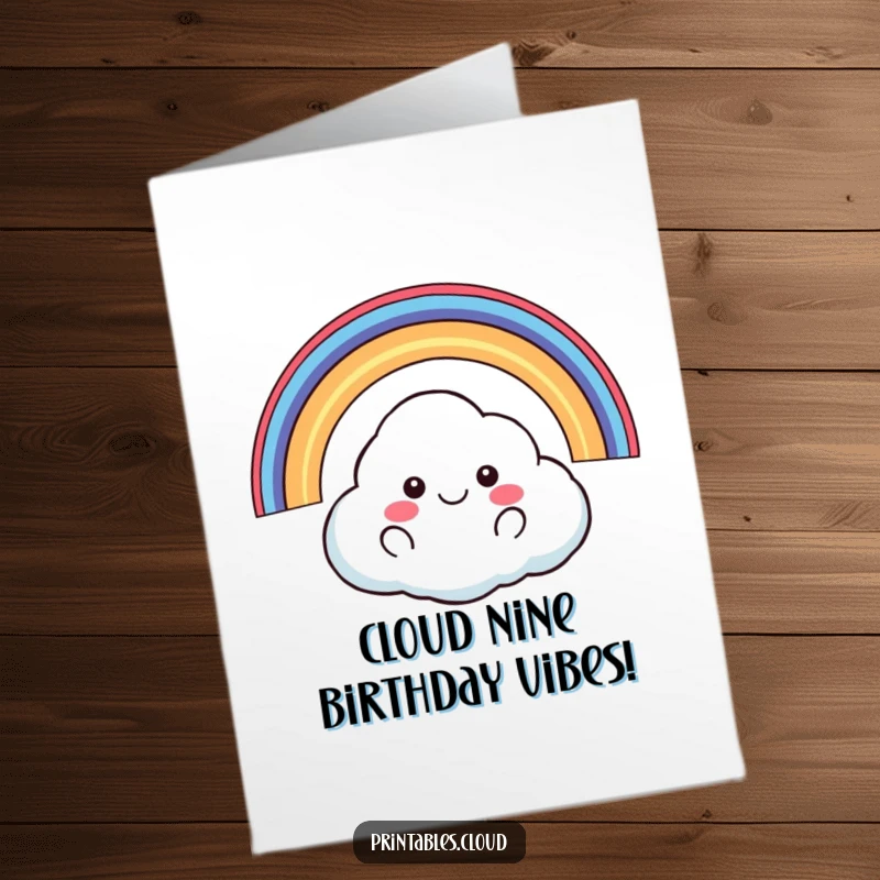 Funny Free Printable Birthday Card: a happy cloud character floats under a vibrant rainbow, spreading cheer. Perfect DIY gift.