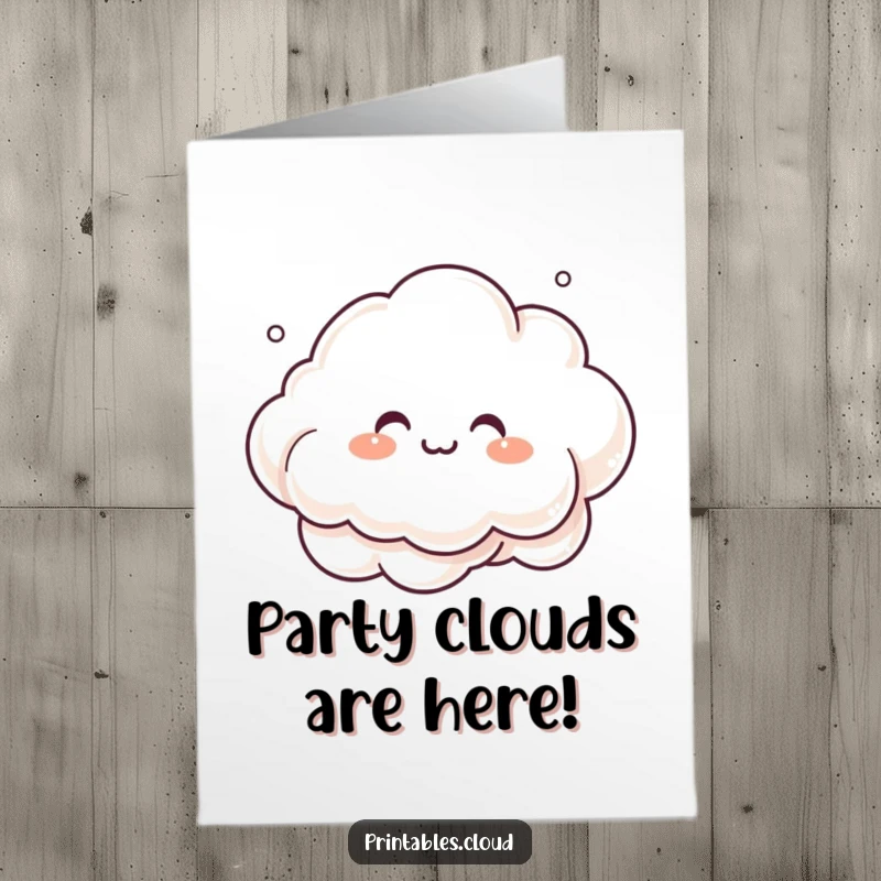 Funny Free Printable Birthday Card: Giggling cloud artist spraying mist into fun shapes, joyful, downloadable.