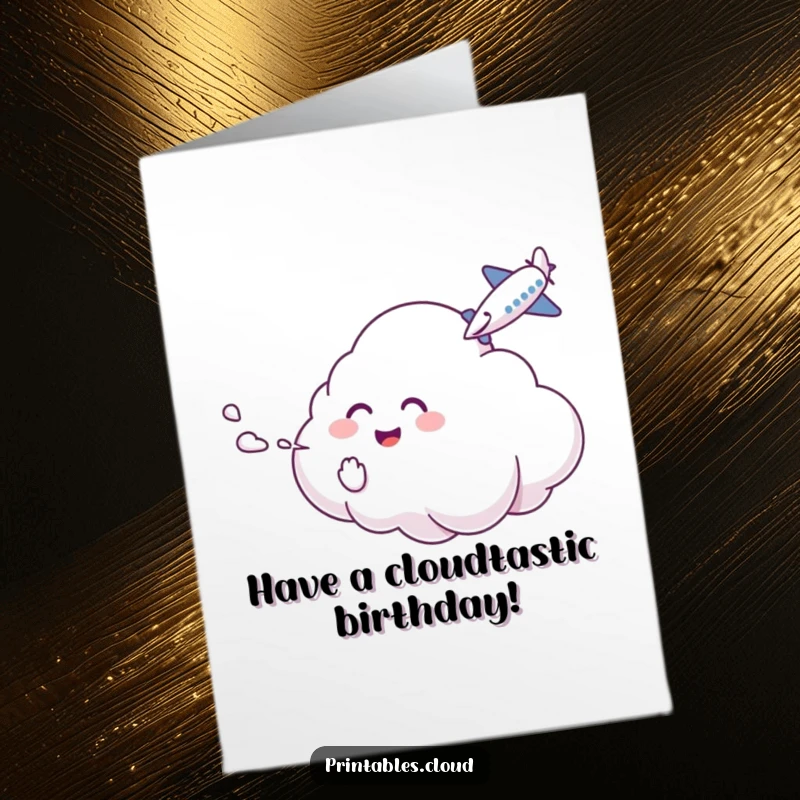 Funny Free Printable Birthday Card: A happy cloud tickles a tiny airplane with mist, full of glee.